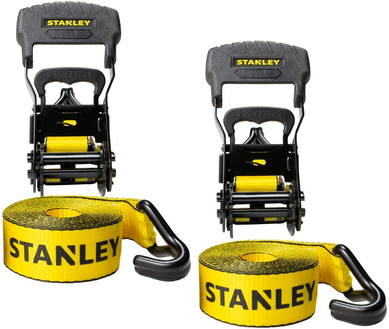 STANLEY S1007 Black/Yellow 1.5" x 16' Ratchet Tie Down Straps - 1,100 lb Safe Working Load / 3,300 lb Break Strength, 2 Pack - Image 1