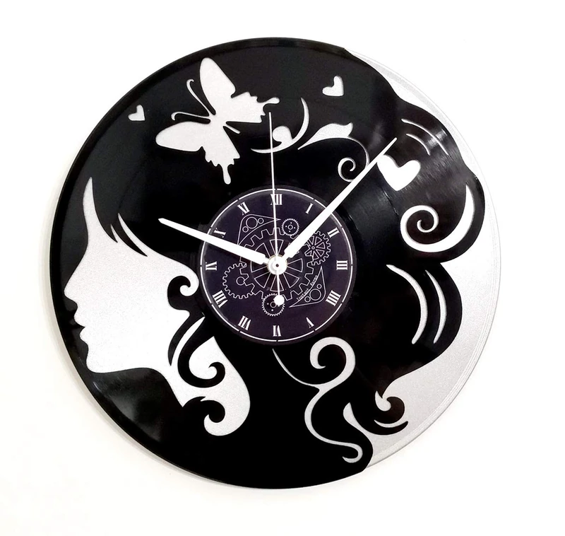 Instant Karma Clocks Instant Karma Double Wall Vinyl Watch-Silver-Vintage Butterfly Gift Idea Woman Face Profile, Silent