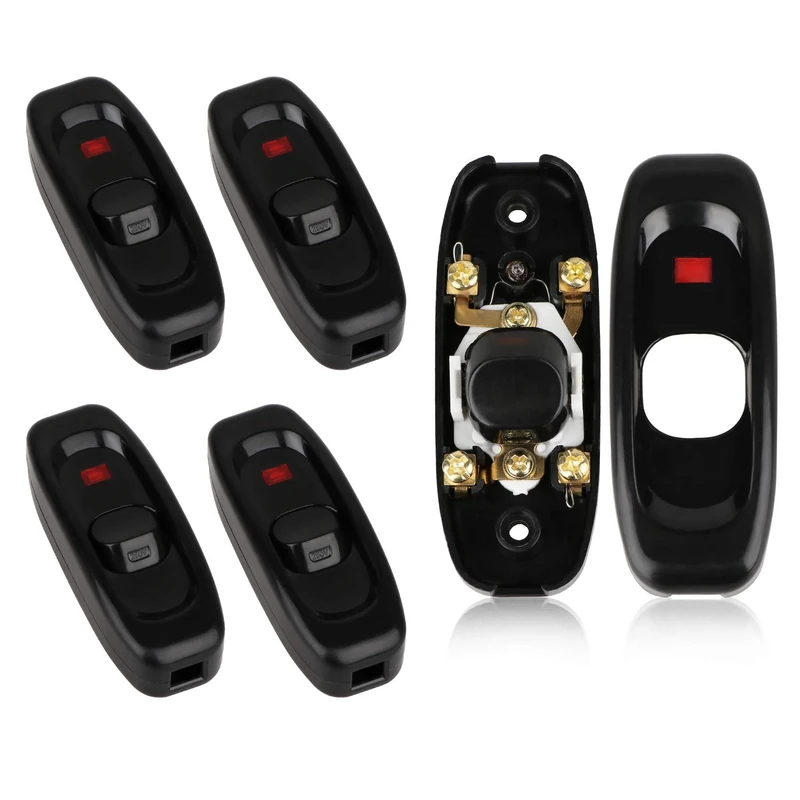 Inline Switch 5 PCS, Cord Appliance Switch, Button on Off for Lamp, Rated 10A 250V, for LED Indicator Desk Table Light (Black Switch with LED/Pack of 5)