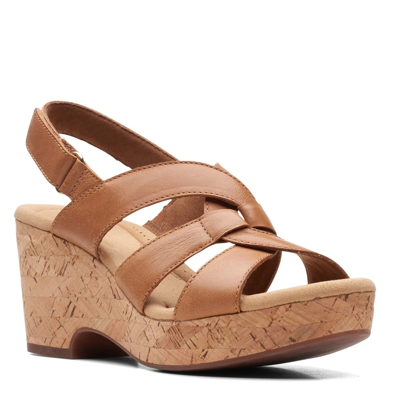 Clarks Giselle Beach Wedge Sandal, Tan Leather, 6.5 Wide