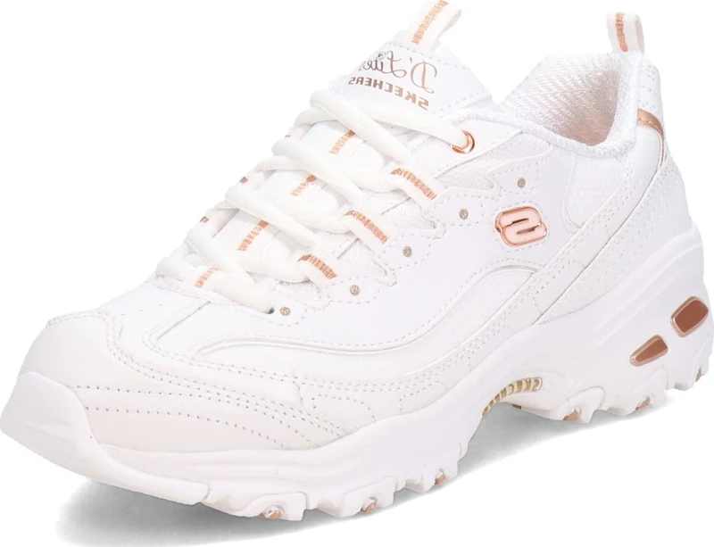 Skechers Women's D'Lites Fresh Start Sneaker, White Leather/Duraleather/Rose Gold Trim, 8 UK