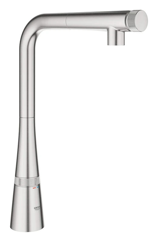 GROHE Zedra Smartcontrol Kitchen Tap High L-Shape Tap with Pull-Out Spray Head, 140° Swivel Range, Stainless Steel Look Water-Saving 31593DC2 - Image 1