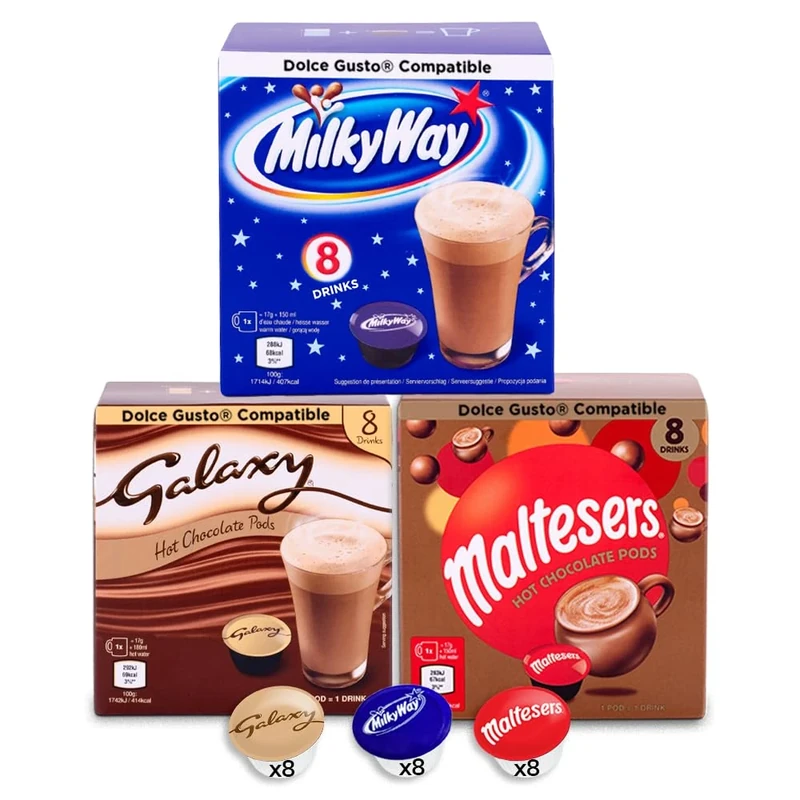 Galaxy, Milky Way & Maltesers Hot Chocolate - 8 Pods of Each Flavour - 24 Drinks - Dolce Gusto Compatible Pods (Galaxy, Malteser, Milkyway)