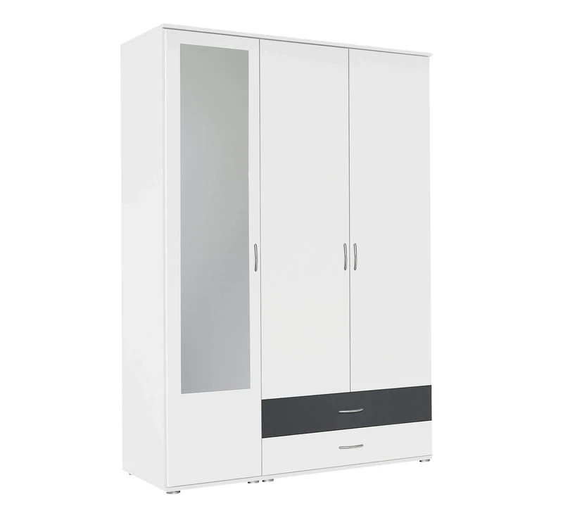 Rauch Möbel Noosa Wardrobe, Hinge-Door Wardrobe, in White/Metallic Grey, 3-Door with Mirror and 2 x Drawers, Incl. Basic Accessories Package 1 x Clothes Rail, 3 x Shelves