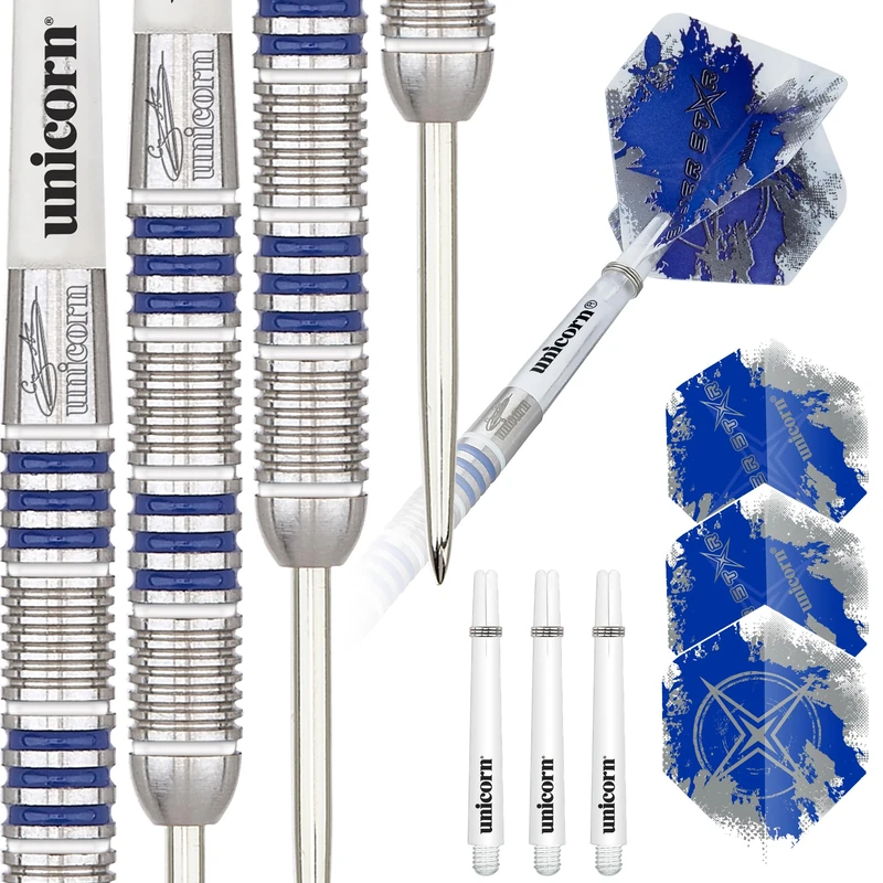 Unicorn Steel Tip Professional Darts Set | Gary 'The Flying Scotsman' Anderson Silver Star | 80% Natural Tungsten Barrels with Blue Accents | 21g