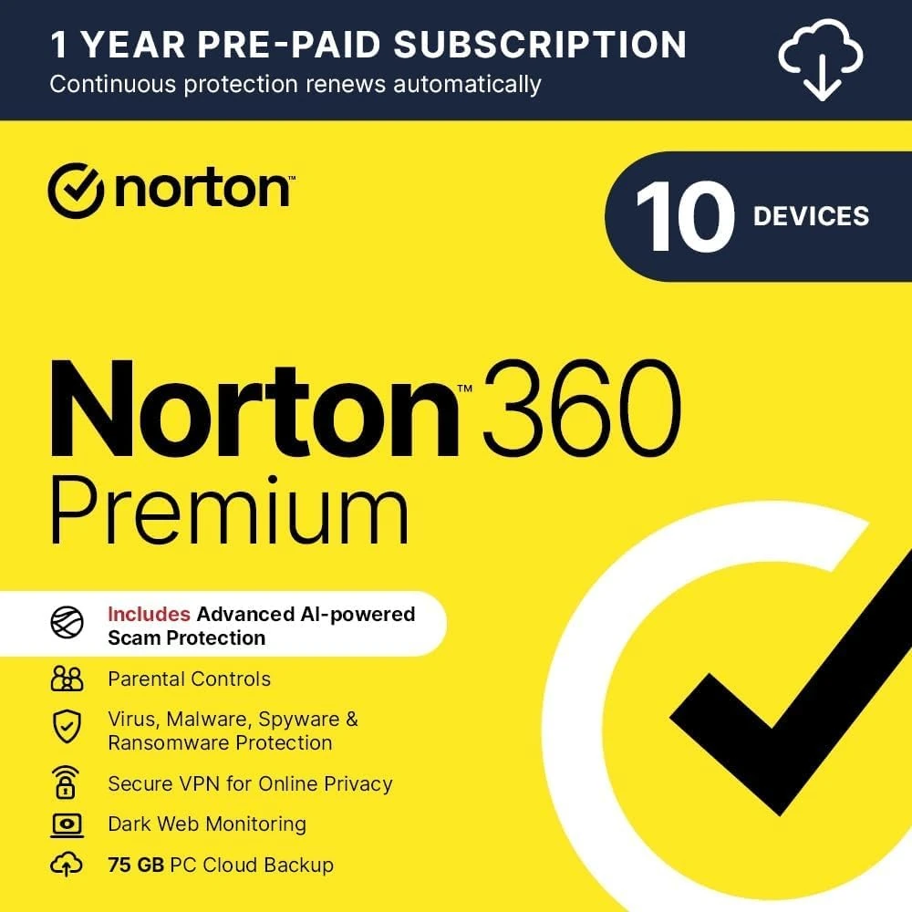 Norton 360 Premium 2025, Antivirus software for 10 Devices and 1-year subscription with automatic renewal, Includes Secure VPN and Password Manager, PC/Mac/iOS/Android, Activation Code by email
