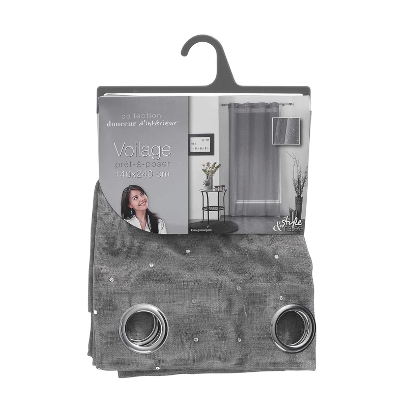 Douceur d'Intérieur Elia Net Curtain with Eyelets 140 x 240 cm Applique Fabric Grey/Silver