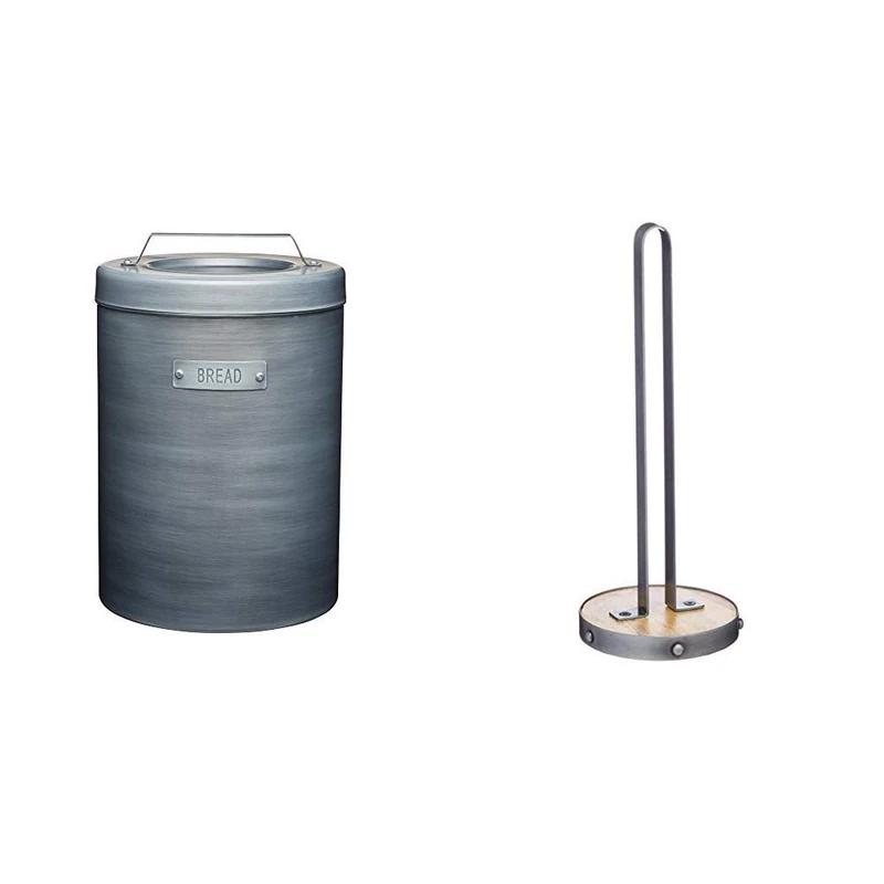 KitchenCraft Vintage-Style Metal Bread Bin, 23 x 23 x 34.5 cm (9" x 9" x 13.5") - Grey & Industrial Kitchen Metal/Wooden Kitchen Roll Holder, 31 cm (12")