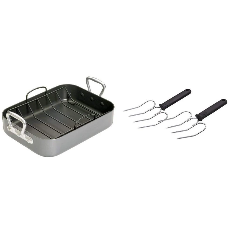MasterClass Teflon Non Stick Roasting Tin with Rack, Carbon Steel, 36 x 27 x 7.5 cm & KitchenCraft Meat and Poultry Lifting Forks, 22 x 9 cm (Set of 2)