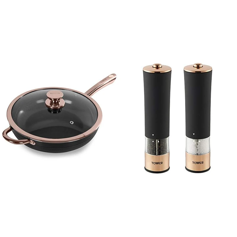 Tower T800003RB Linear Non Stick Induction Saute Pan With Lid, Bonded Stainless Steel Base, Black And Rose Gold, 28 cm & T847003RB Electric Salt and Pepper Mill, Rose Gold and Black