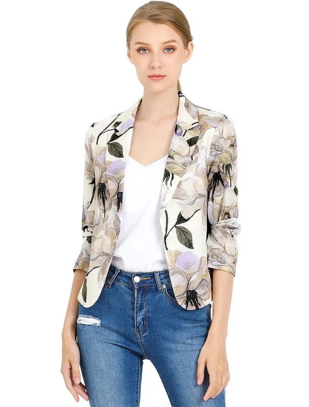 Allegra K Women's Open Front Office Work Business Crop Suit Blazer Jacket Beige Purple-Floral 20