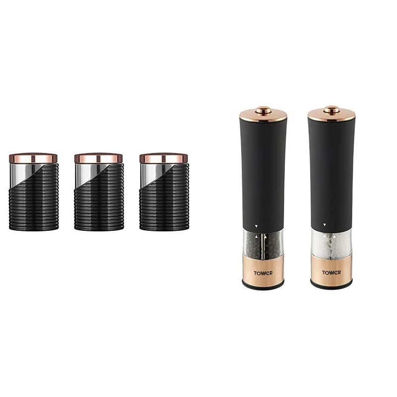 Tower Linear Set of 3 Storage Canisters, Stainless Steel, Black and Rose Gold & Electric Salt and Pepper Mill, Stainless Steel, Soft-Touch Body, Rose Gold and Black