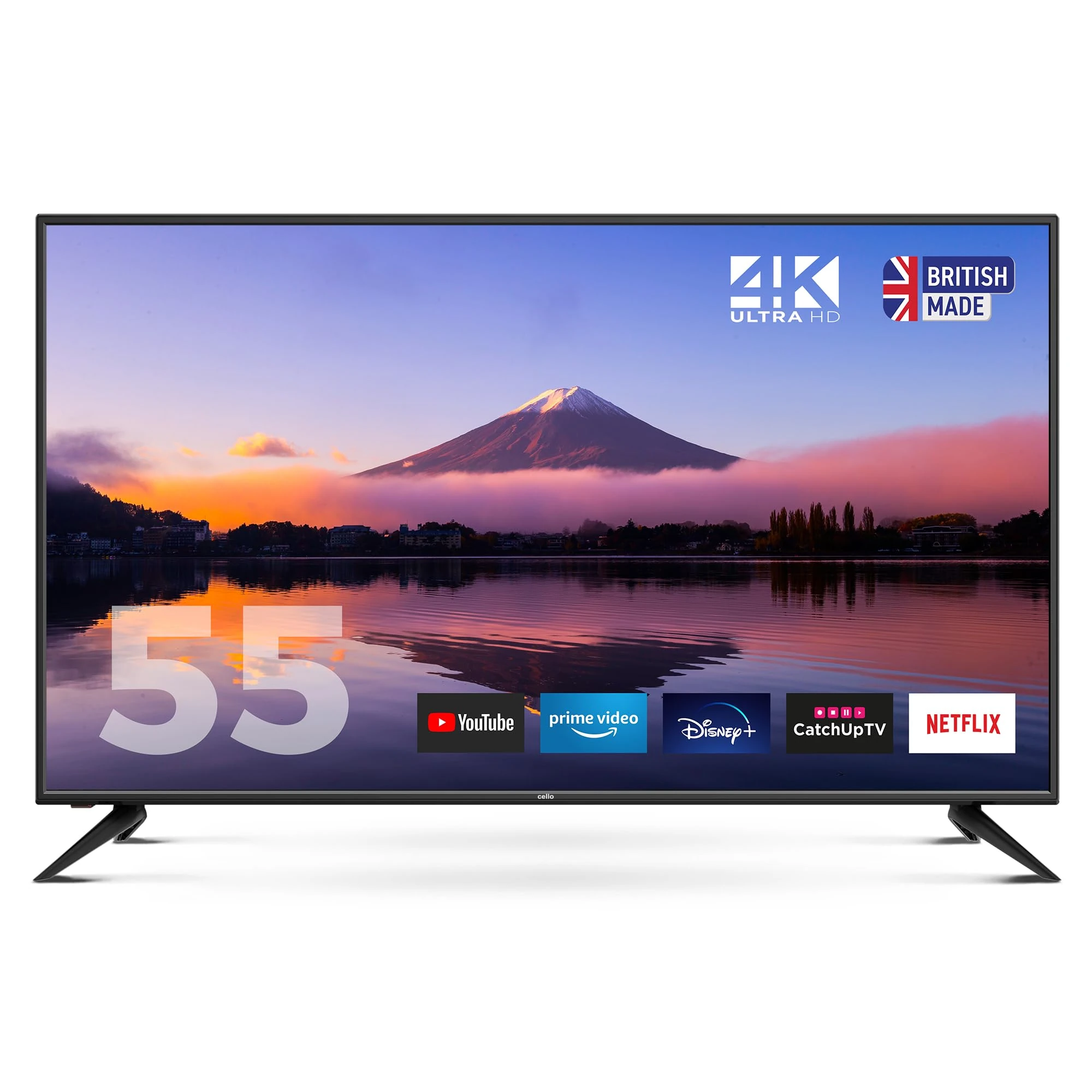 Cello C55RTS 55 inch Smart TV 4K Ultra HD LED, Made in UK, FREEVIEW DVB-T2 HD: Prime Video, Netflix, YouTube, Disney+ & Catch Up TV Apps, 3x HDMI 55 inch Smart WiFi TV in Black