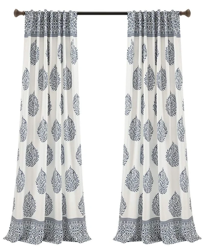 Lush Decor Teardrop Leaf Curtains Light Filtering Window Panel Set for Living, Dining, Bedroom (Pair), 95” x 52”, Navy