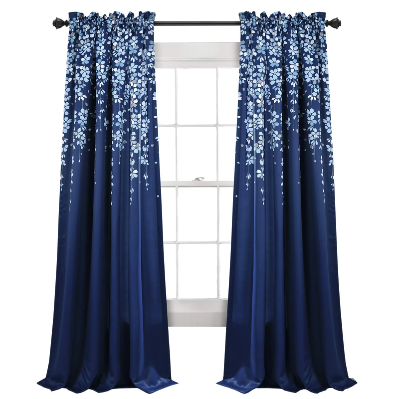 Lush Decor Weeping Flower Light Filtering Window Curtain Panels, Pair, 52" W x 84" L + 2" Header, Navy - Charming Modern Floral Curtains for Living Room, Dining Room, & Bedroom