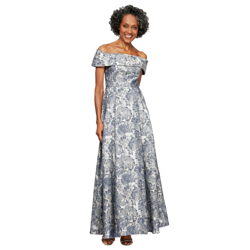 Alex Evenings Women's Long Printed Ballgown Dress Special Occasion, Silver/Multi, 14