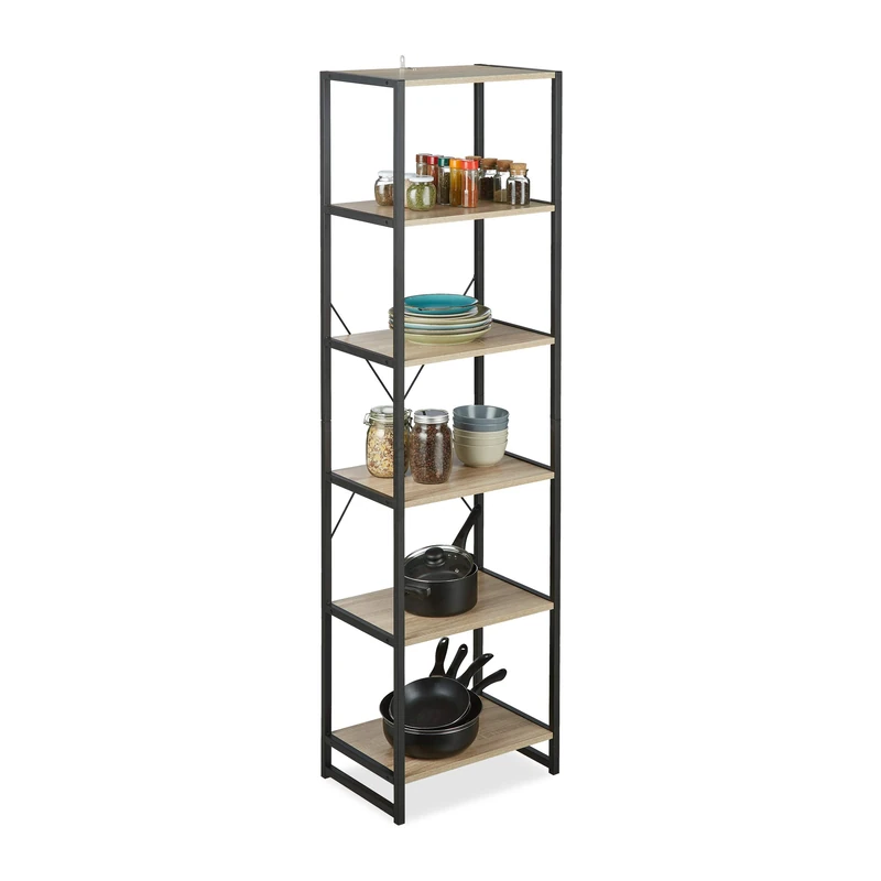 Relaxdays Shelfing Unit, Industrial Storage Design, Tall Bookcase With 6 Shelves, HWD: 180x50x35 cm, PB/Metal, Brown
