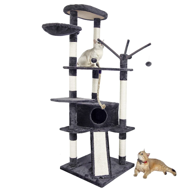 Meerveil Cat Tree, Height 167 cm, Play Tower for Cats with 4 Scratching Posts, 2 Platforms, 1 Kennel, 1 Hammock, 3 Pompoms, 1 Scratching Board, Plush Fabric, Multi-Level, Dark Grey