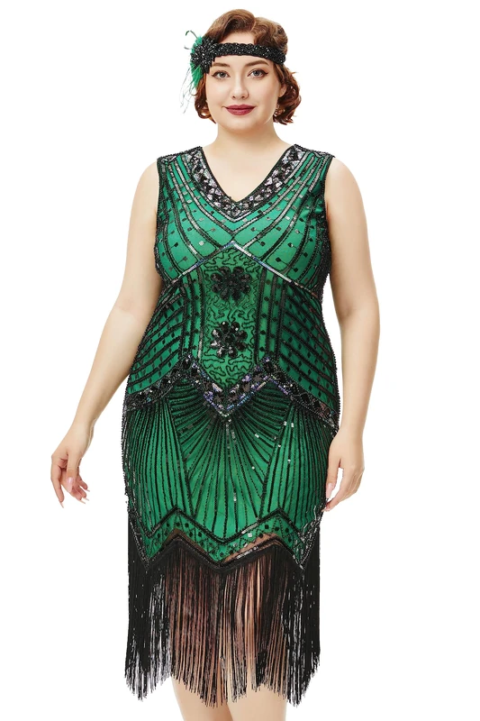 BABEYOND Women's Plus Size Flapper Dresses 1920s V Neck Beaded Fringed Great Gatsby Dress, Green, 3X-Large