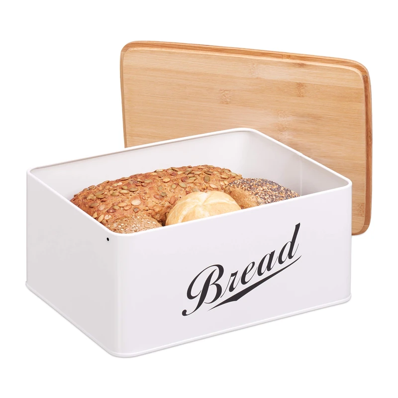 Relaxdays 10024603, White Bin, Tin Retro Look, Bamboo Lid, with Inscription “Bread”, Metal, 14 x 30.5 x 23.5 cm, Iron