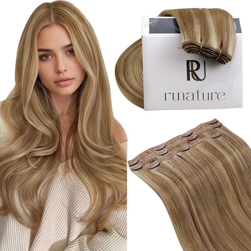 RUNATURE Hair Extensions Clip in Real Hair Extensions Clip in Real Human Hair Brown Highlight Blonde Real Hair Clip Hair 16Inch 3 Pcs 50 Gram #10P16