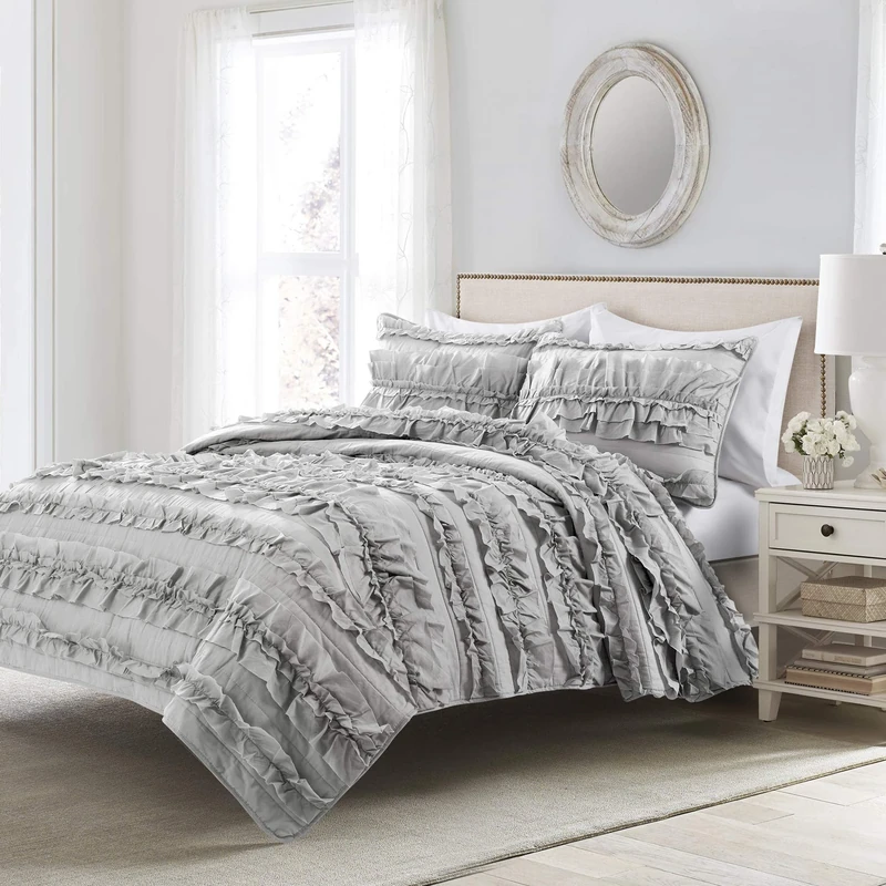 Lush Decor Lush Décor Belle 3 Piece Ruffled Light Gray-Full/Queen Quilt Set, Cotton