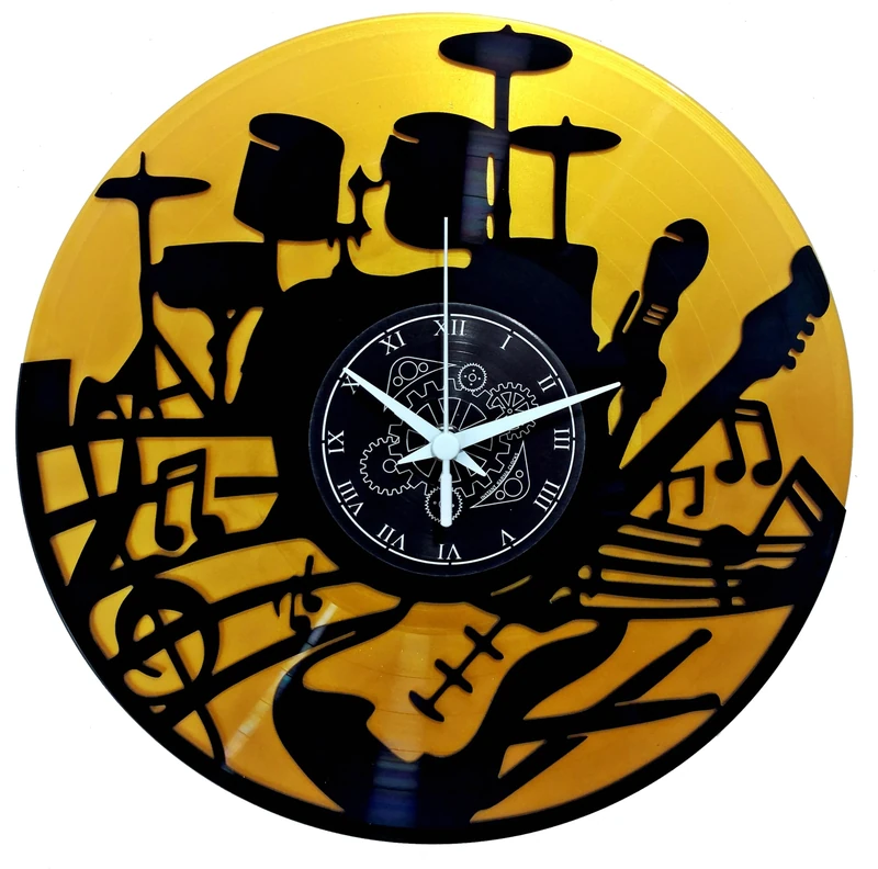 Instant Karma Clocks | Wall Clock | Band | Guitar | Decoration for Musicians | Black and Gold | Gift Idea for Bass Drummer | Double Vinyl - Image 1
