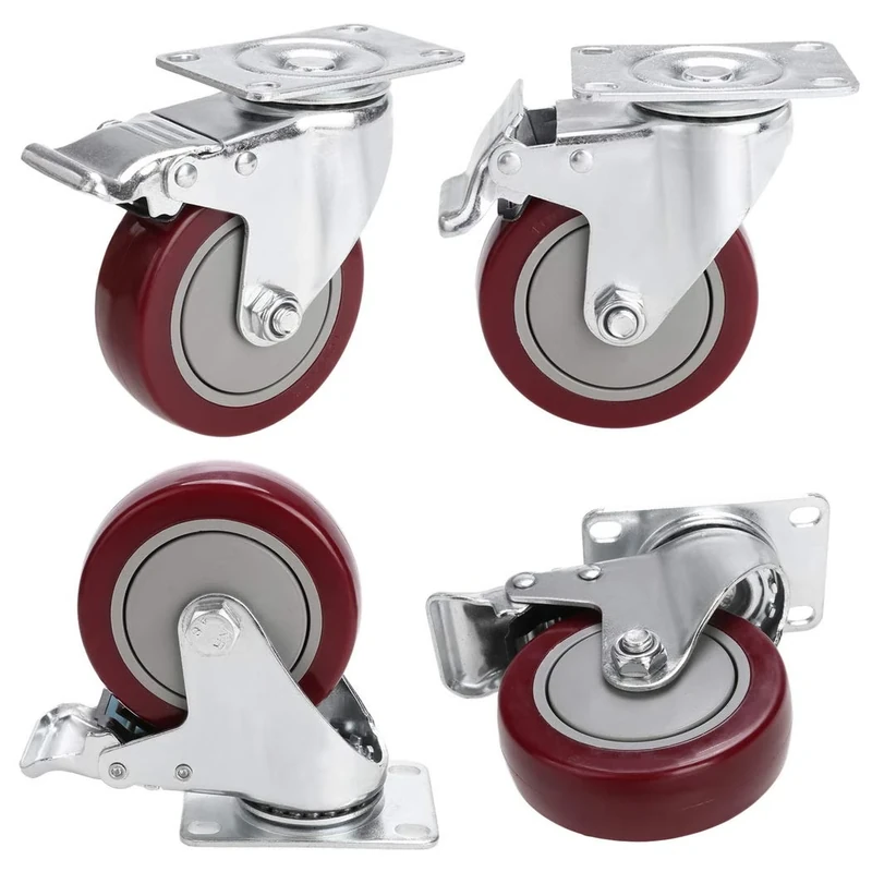 Set of 4 Swivel Castors with Brakes 100 mm Heavy Duty Castors Load Capacity 400 kg Red