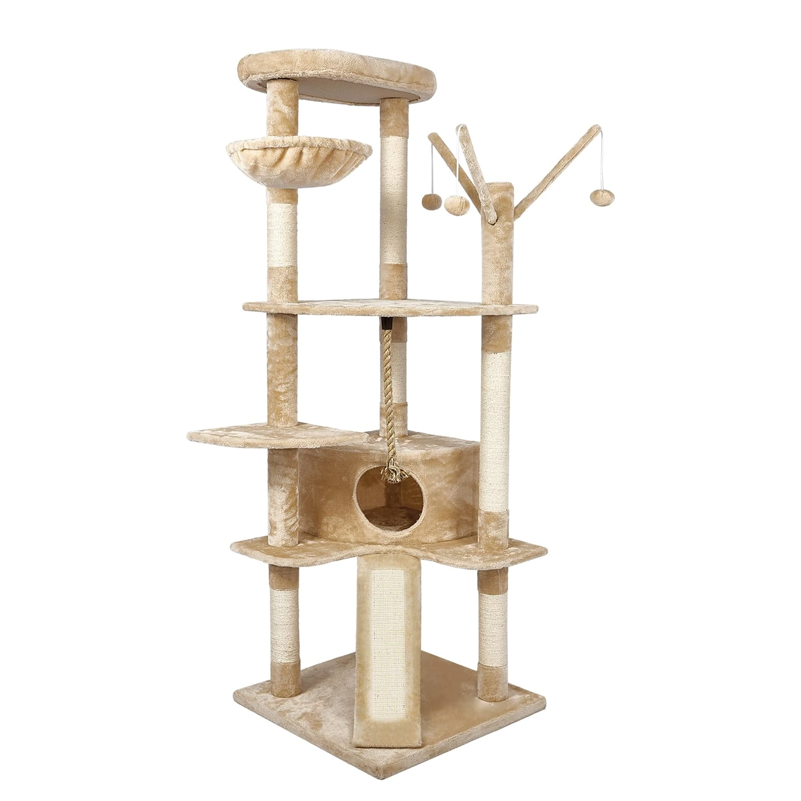 Meerveil Cat Tree - 167 cm Tower for Large Cats, Climbing Tree with Activity Platforms, 3 Pompoms, Condo, Basket & Sisal Scratching Posts, Beige