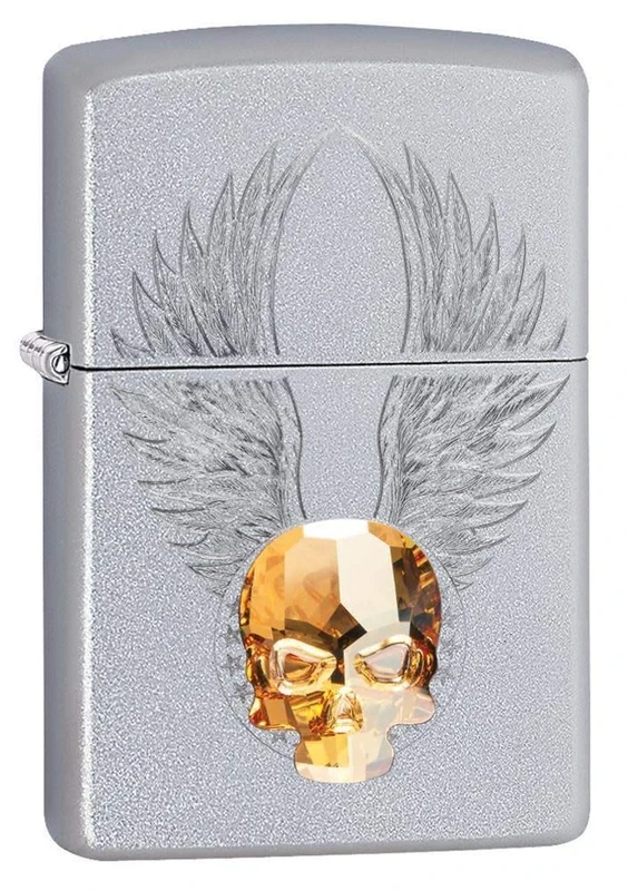 Zippo Unisex's Skull Design Pocket Lighter, Satin Chrome Gold Emblem, One size