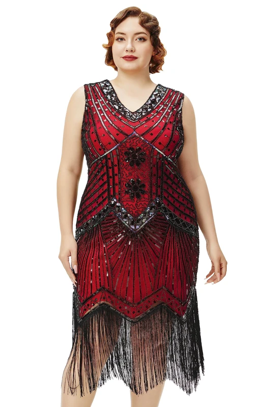 BABEYOND Women's Plus Size Flapper Dresses 1920s V Neck Beaded Fringed Great Gatsby Dress, Red, 4X-Large