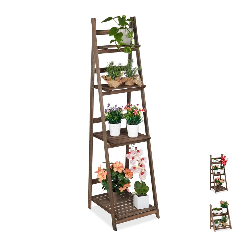 Relaxdays Multi-Tier Flower Shelf, Wooden Plant Ladder Rack, Folding, 160 x 41 x 49 cm, Dark Brown,4-Tier