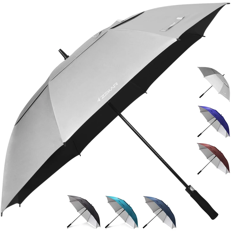 ZEKAR 54/62/68 inch Windproof Large Vented UV Protection and Classic Pongee Fabric Golf Umbrella, Double Canopy Rain and Sun Oversized Stick Umbrellas (Silver-HeatProof, 68"-Pack of 2)