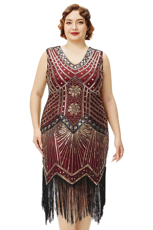 BABEYOND Women's Plus Size Flapper Dresses 1920s V Neck Beaded Fringed Great Gatsby Dress, Gold WineRed, 4X-Large - Image 1