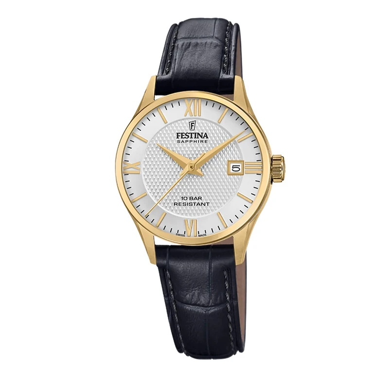 Festina Swiss Made Ladies Gold PVD-Plated Watch with Leather Strap F20011/1