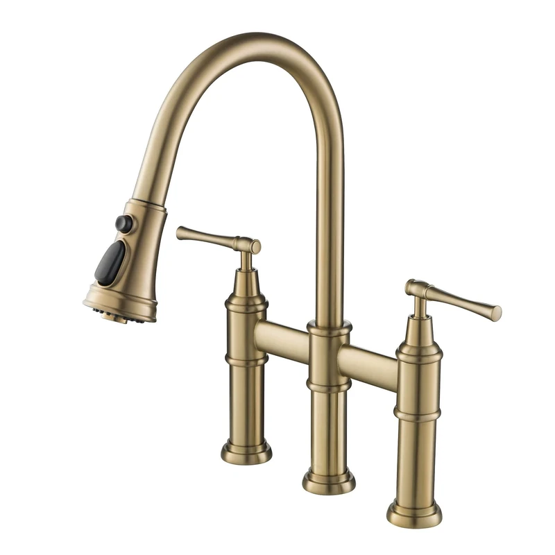 KRAUS Allyn Transitional Bridge Kitchen Faucet with Pull-Down Sprayhead in Brushed Gold, KPF-3121BG