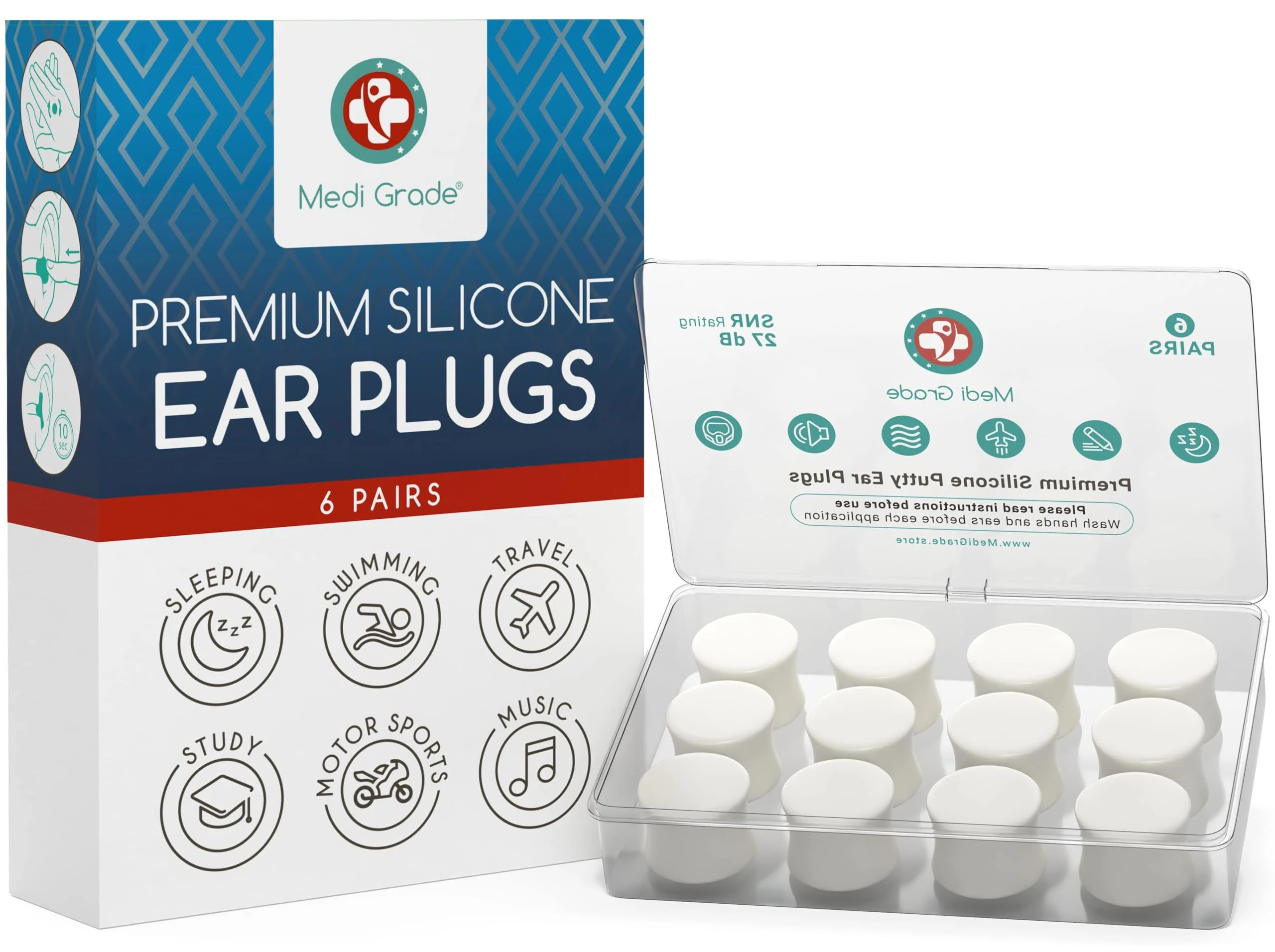 Medi Grade Premium Silicone Ear Plugs for Sleep, 6 Pairs, 27dB - Mouldable and Reusable Noise Cancelling Silicone Ear Plugs for Sleeping, Swimming and Concerts - Ear Plugs Noise Cancelling
