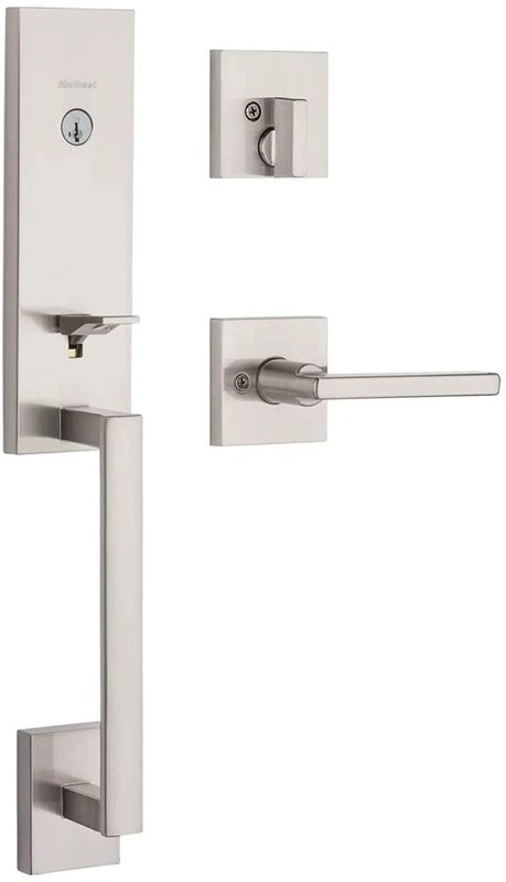 Kwikset Vancouver Low Profile Front Lock Handleset with Microban, Including Slim Modern Halifax Door Lever Handle Featuring SmartKey Security, Satin Nickel 98180-014