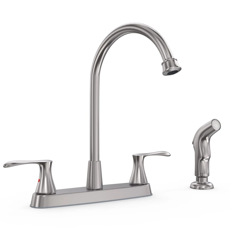 GOWIN Brushed Nickel Kitchen Faucet with Side Sprayer, Two Handle High Arc 4 Holes 8 Inch Centerset Stainless Steel Kitchen Sink Faucet with Pull Out Sprayer