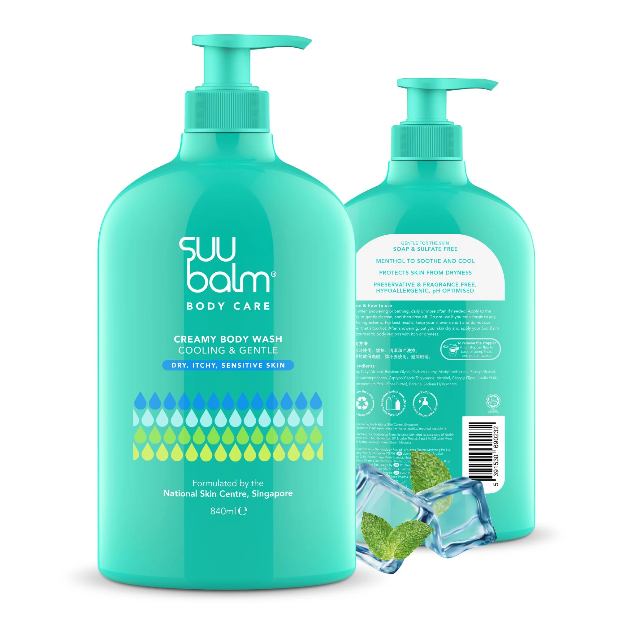 Suu Balm Anti Itch Body Wash, Eczema Bodywash for adults, Psoriasis Body Wash, Moisturising Cleanser for Dry Itchy Skin Relief, Derm Formula, Menthol & Shea Butter, Sulfate & Fragrance Free, 840ml