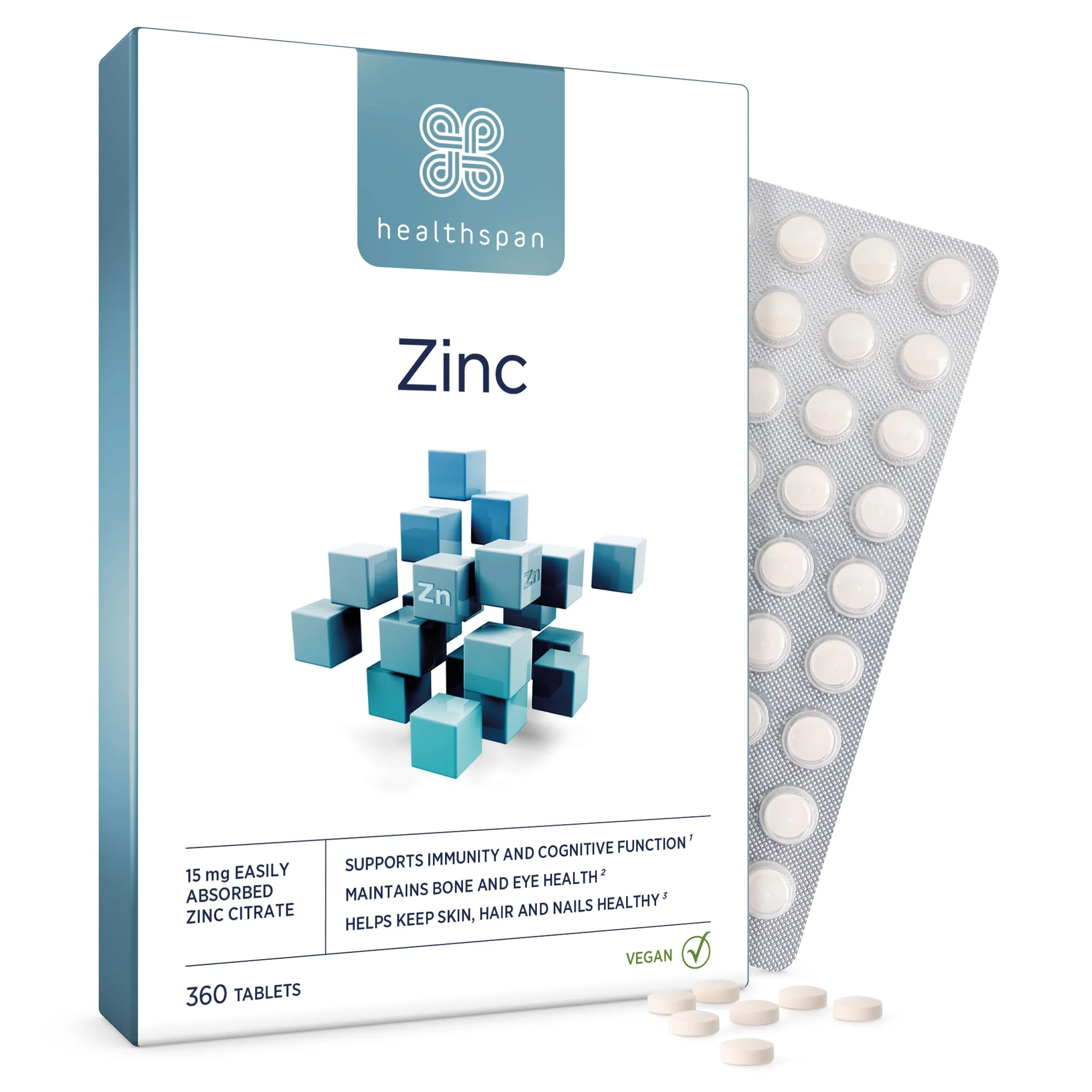 Healthspan Zinc with Vitamin C (360 Tablets) | Immune Health | Bones, Eyes, Skin, Hair & Nails | 15mg Zinc & 80mg Vitamin C per Tablet | Easily Absorbable | One-A-Day | Easy to Swallow | Vegan