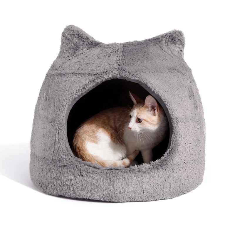 Best Friends by Sheri Meow Hut in Fur Cover Dome Cat and Dog Bed, Gray, Small - Image 1