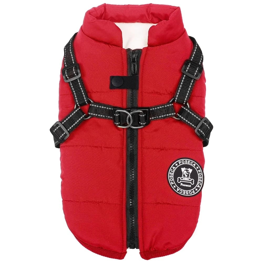 Poseca Dog Coat with Harness,Dog Coats Waterproof,Small Dog Harness Jacket,Puppy Winter Fleece Jackets,Winter Waterproof Coat with Reflective Harness and Zipper for Small Medium Large Dogs