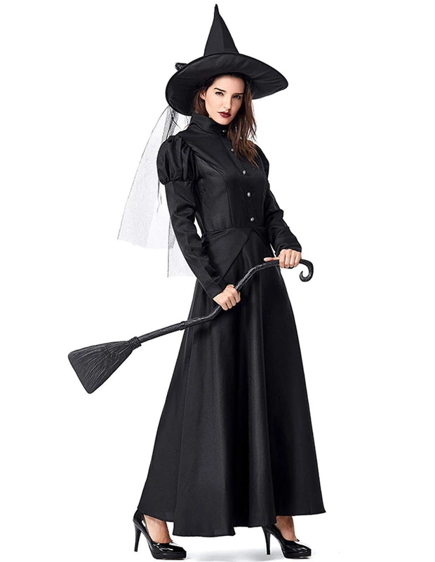 GRAJTCIN Women's Wicked Witch Costume, 4 Pieces Halloween Deluxe Witchy Dress Black, Black, Medium