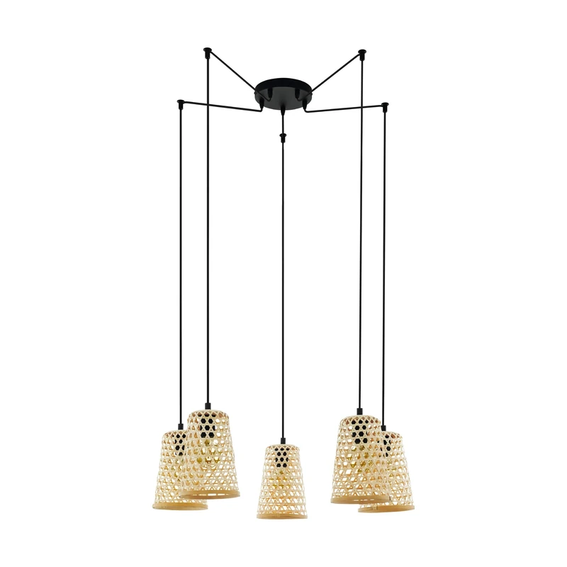 Eglo Claverdon Pendant Light, 5-Bulb Hanging Lamp Vintage Style, Natural, Boho, Hygge, Steel and Wood in Black and Natural Tones, Dining Table Lamp, Hanging Living Room Light with E27 Socket