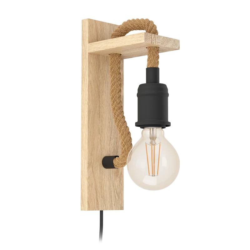 EGLO Rampside Wall Light 1-Bulb Vintage Wall Light in Industrial Design Wall Spotlight Made of Steel and Wood, Colour: Black, Brown, Socket: E27, Includes Cable Switch