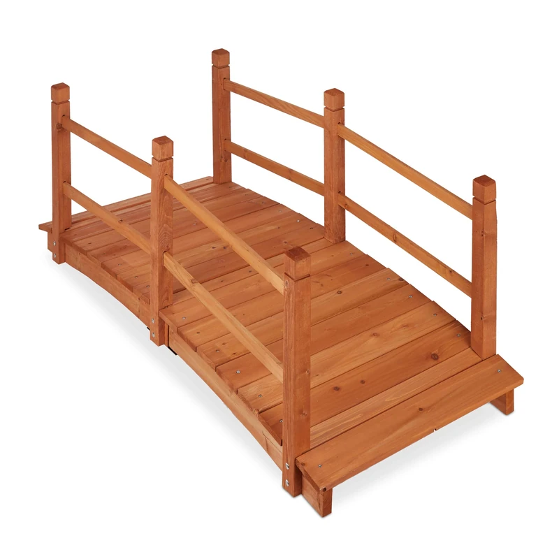 Relaxdays Pond Bridge, With Rails, Walkable, Pond Overpass, Garden Ornament;Wood, HxWxD: 56x140x60 cm, Orange