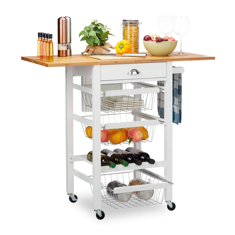 Relaxdays Kitchen Trolley with Folding Top, Country Style, 3 Baskets, Knife Block, Bottle Rack, Butler, White, Fibreboard, 89 x 60 x 49cm