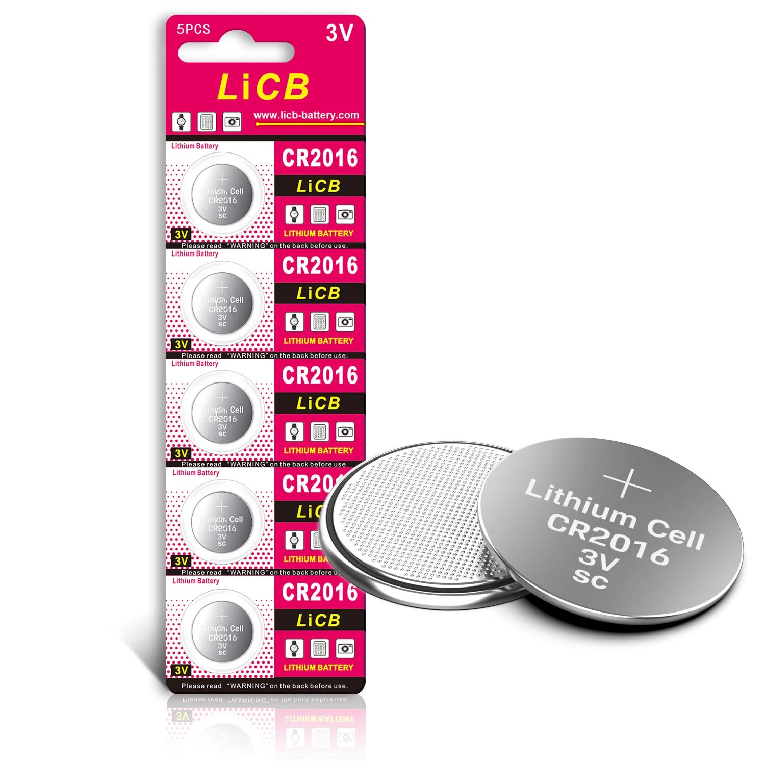 LiCB CR2016 Battery 3V Lithium 5PCS (CR 2016 / Batteries CR2016 / DL2016 / ECR2016) for Medical devices,LED lights ,Glucometers,Toys,Car key,Digital voice recorders.