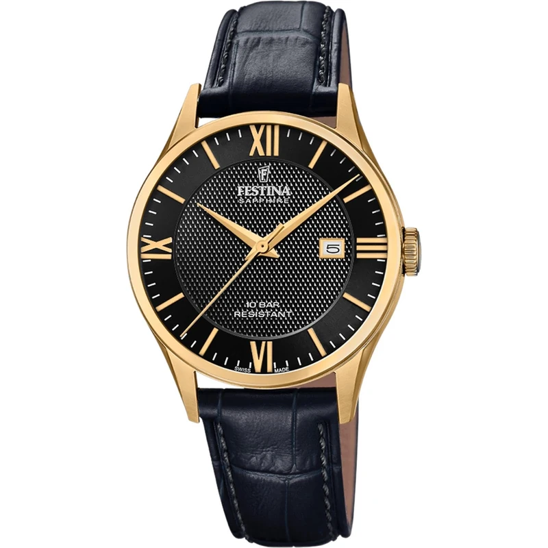 Festina Watch for Men F20010/4 Swiss Made Gold Stainless Steel case Black Leather Strap, Black-Gold, groß, Bracelet